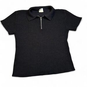 Vintage black quarter zip baby doll collared top size small‎